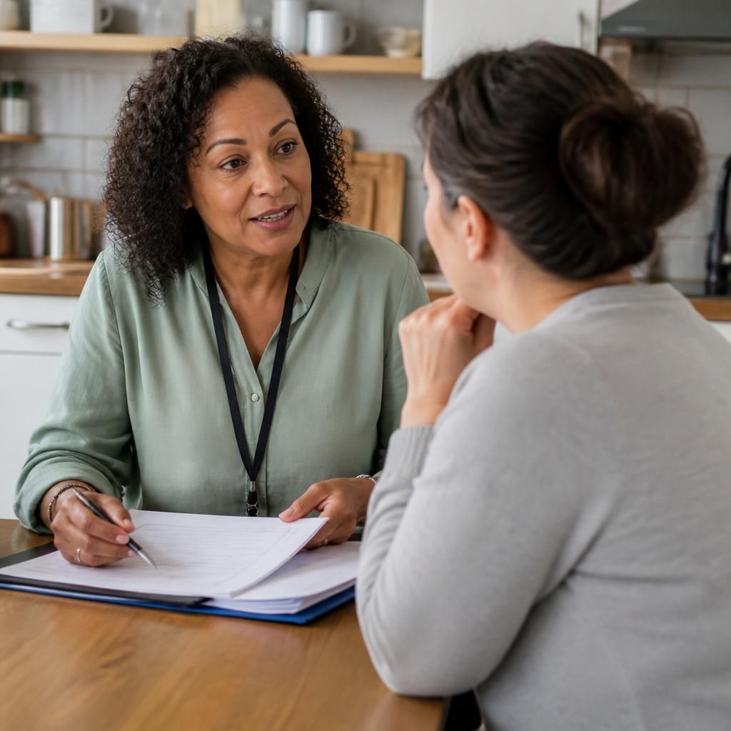 Adult speaking with a social worker at a kitchen table during a fostering discussion