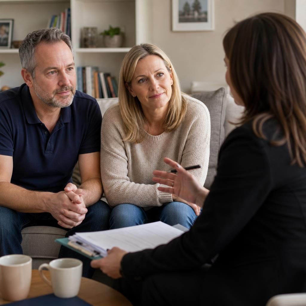 Fostering practitioner talking with a couple during a home visit