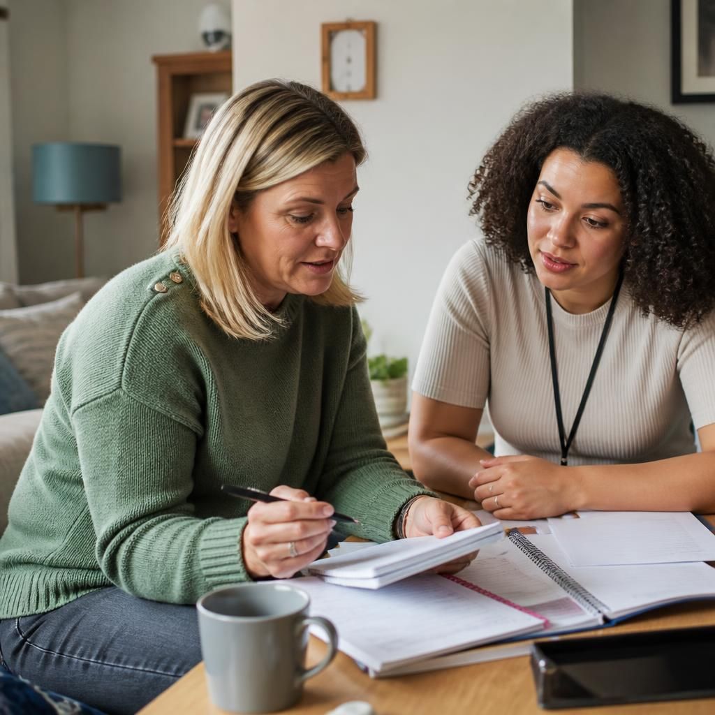 Foster carer reviewing training notes with a supervising social worker