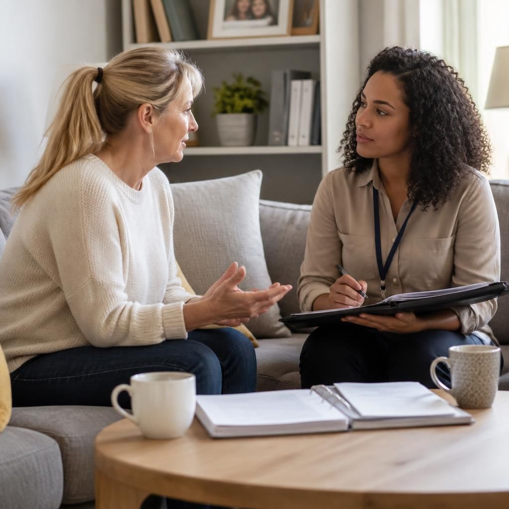 Foster carer discussing childcare arrangements with a social worker