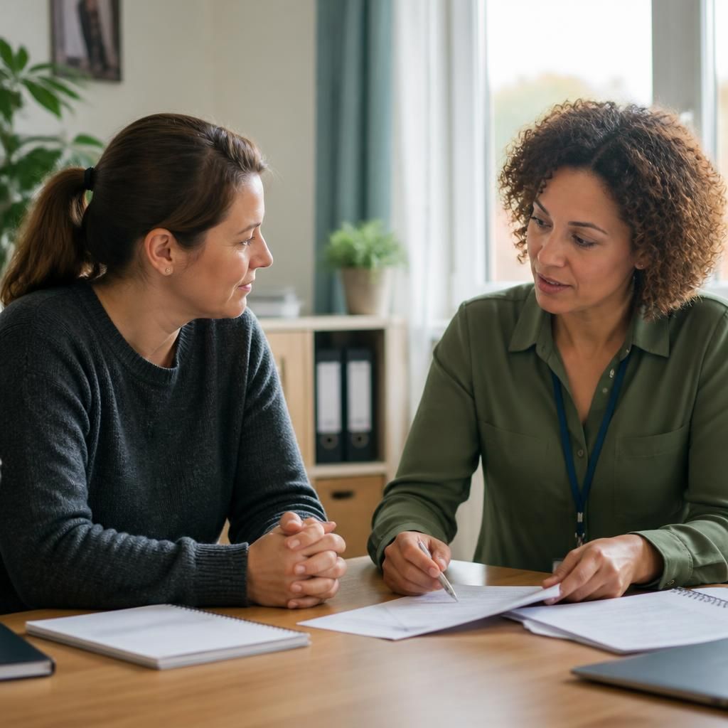 Foster carer and social worker discussing a child’s care plan at a table