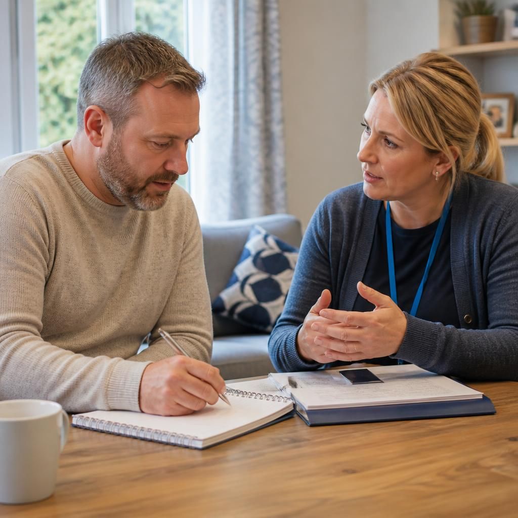 Foster carer completing training notes with a social worker