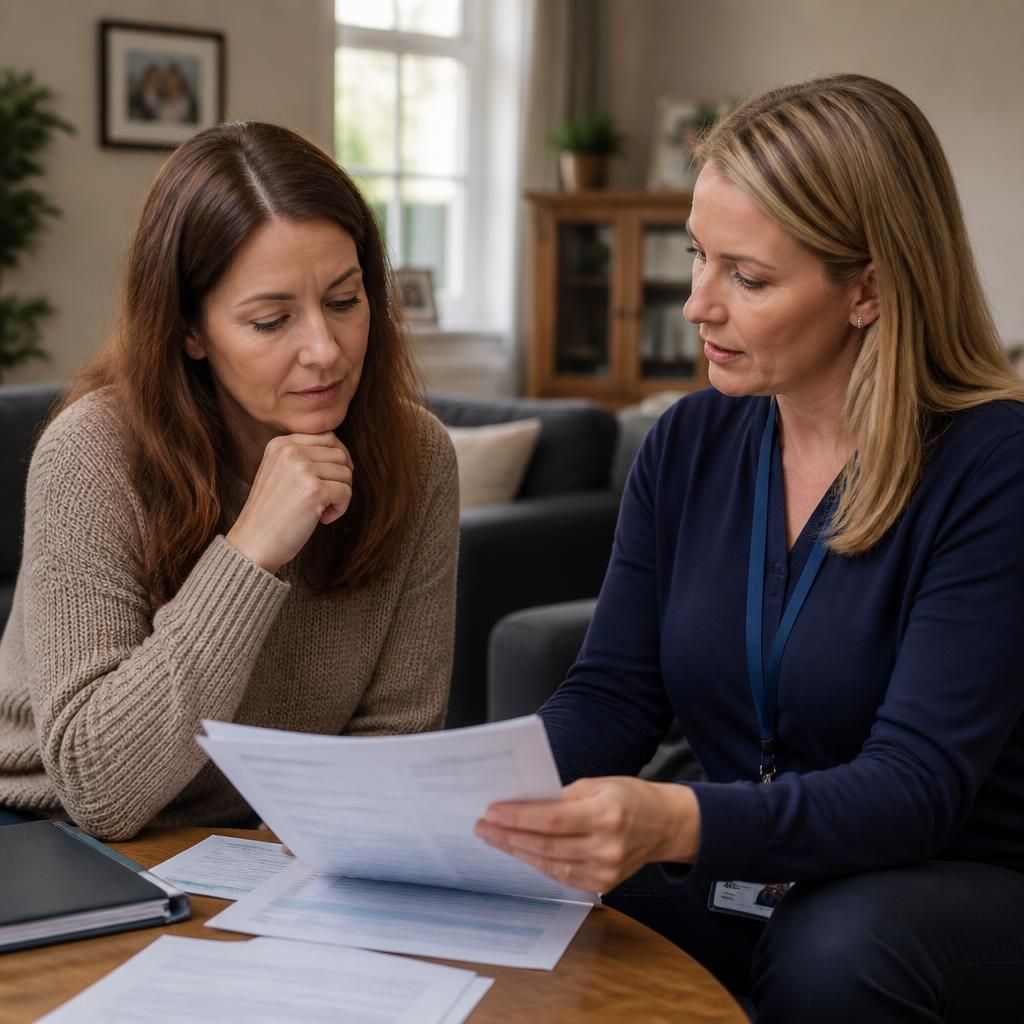 Foster carer reviewing placement payment documents with a social worker