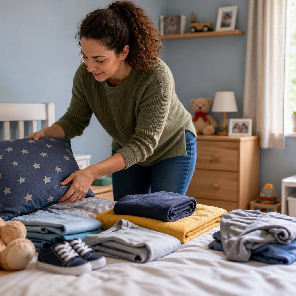 Foster carer arranging bedding and clothing in a child’s bedroom