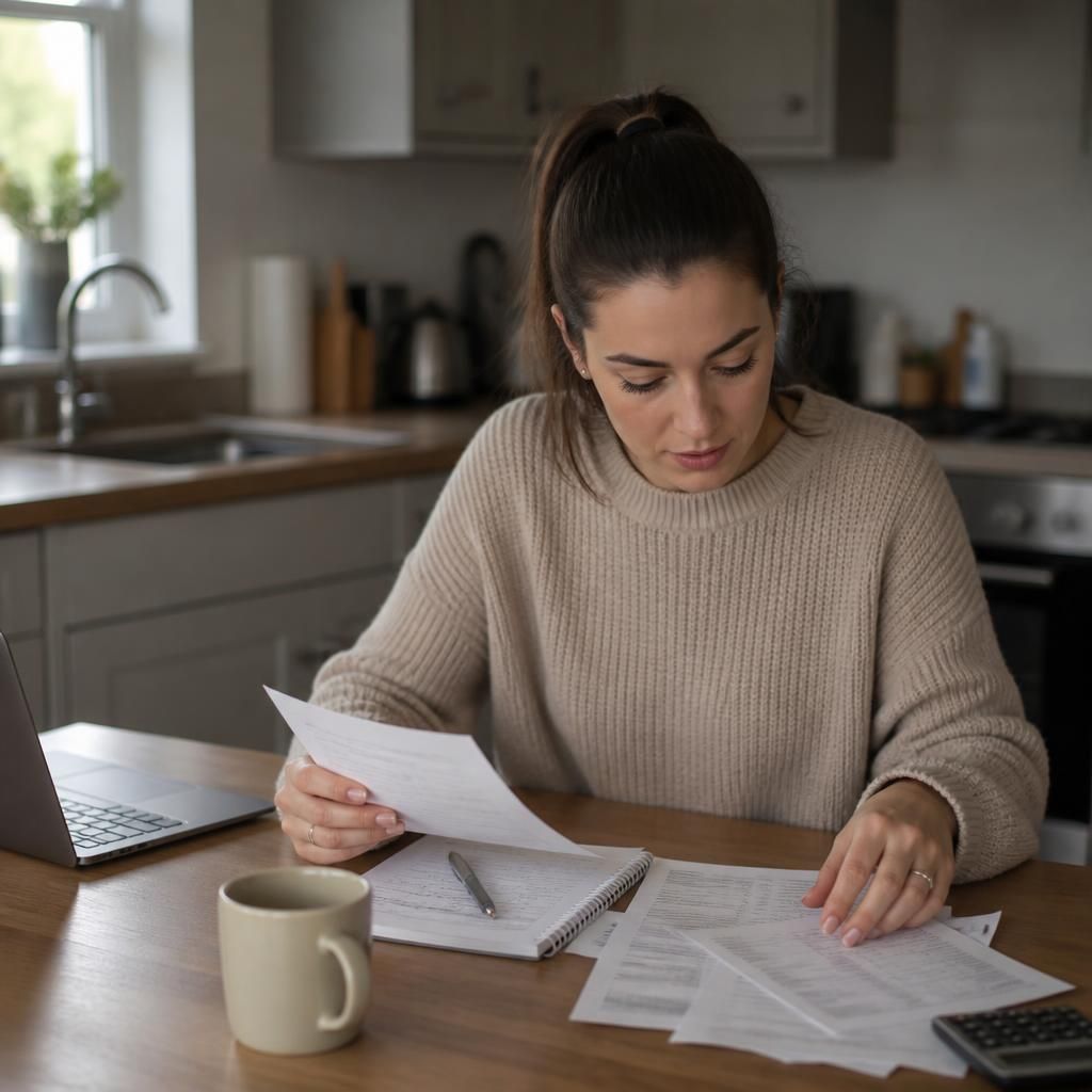Young adult reviewing household bills and a budget at a kitchen table