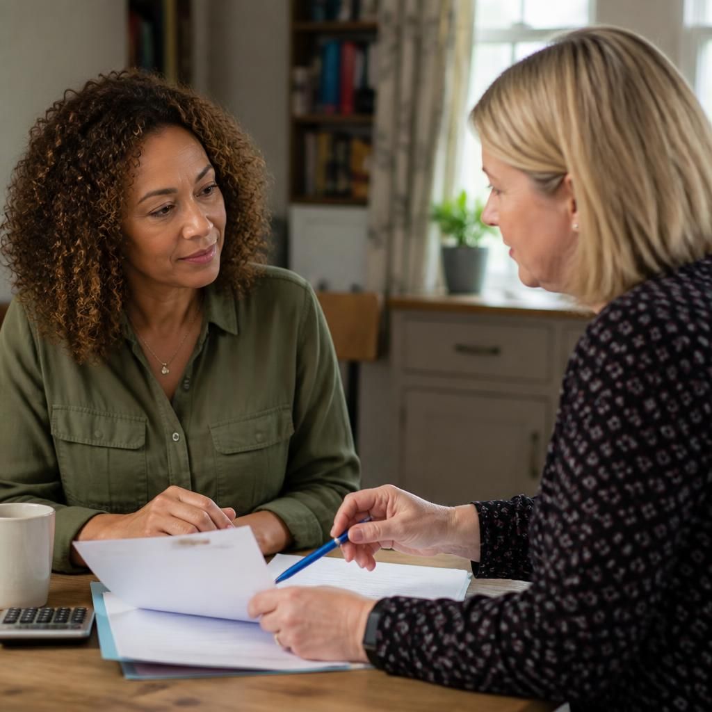 Kinship carer discussing household finances with an adviser at a table