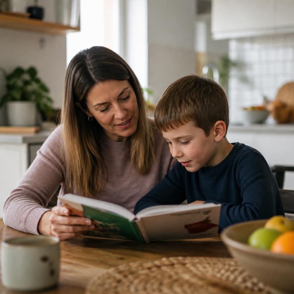 Foster carer and child reading together at a kitchen table