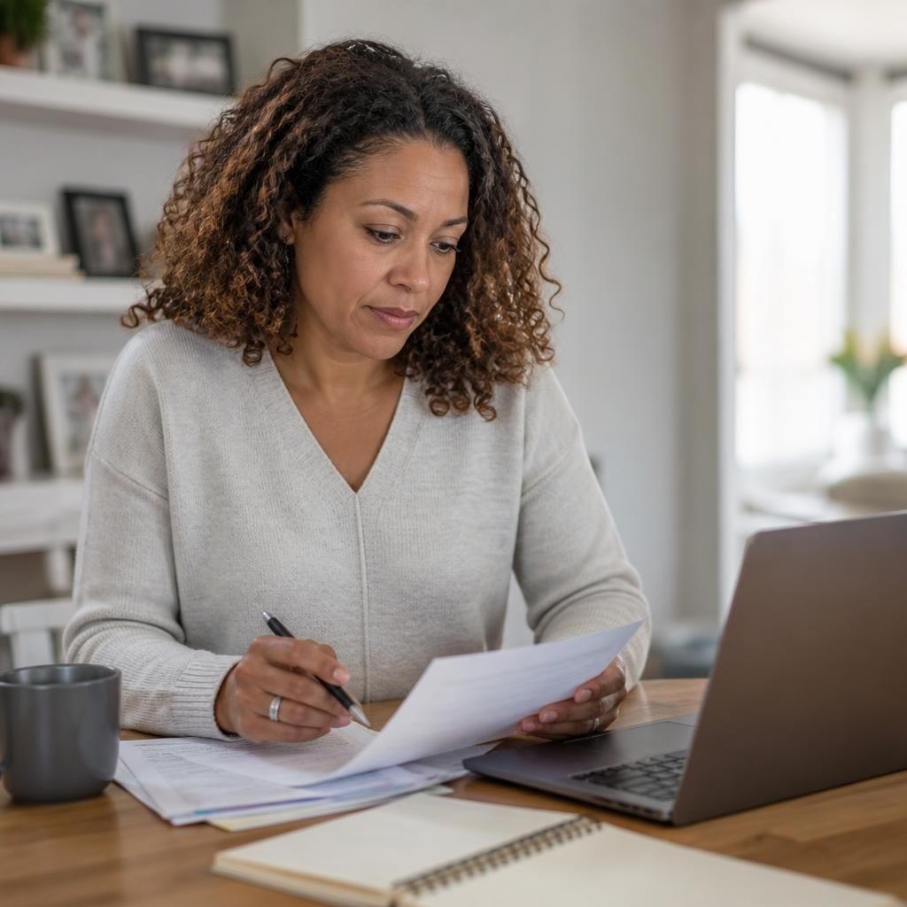 Person reviewing fostering documents with a pen beside a laptop