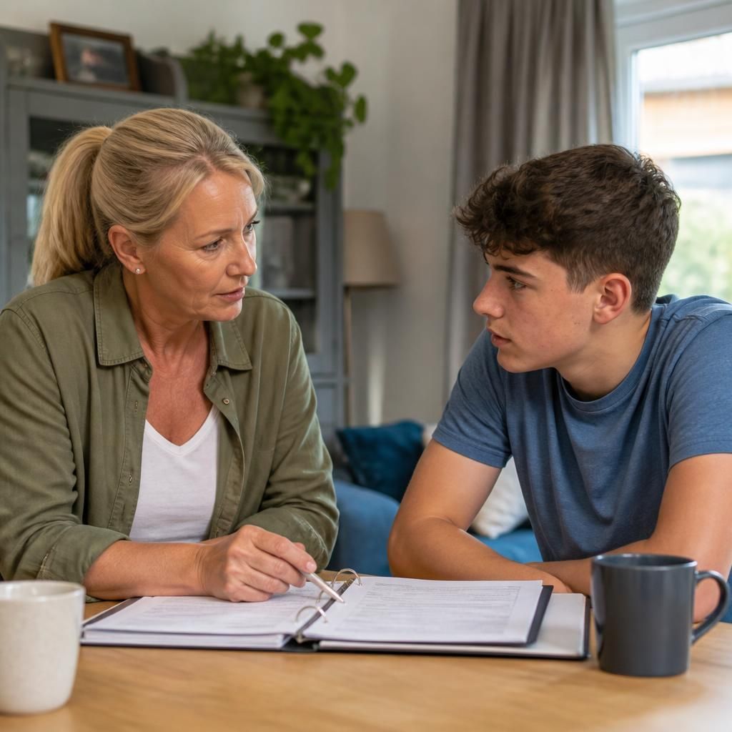 Foster carer and teenager discussing a safety plan at home
