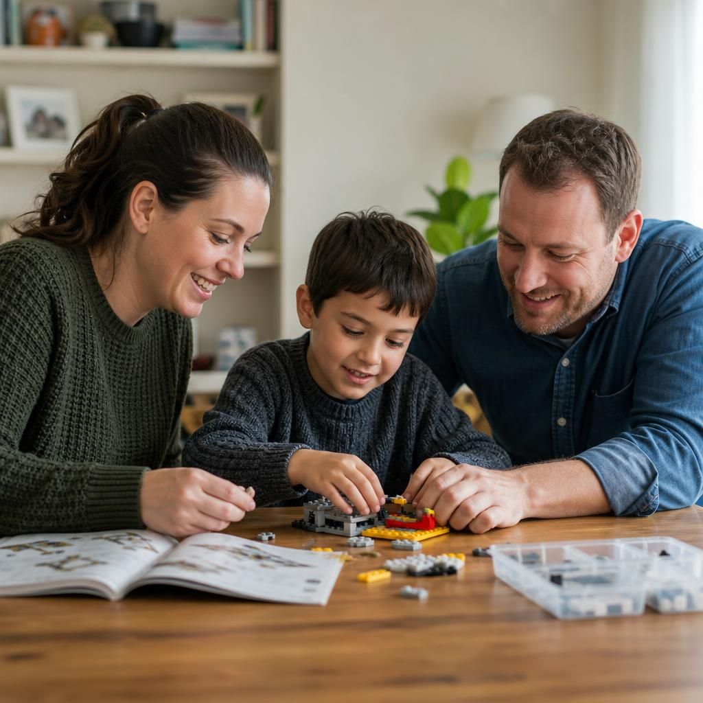 Foster carers and a child completing a practical activity together at home