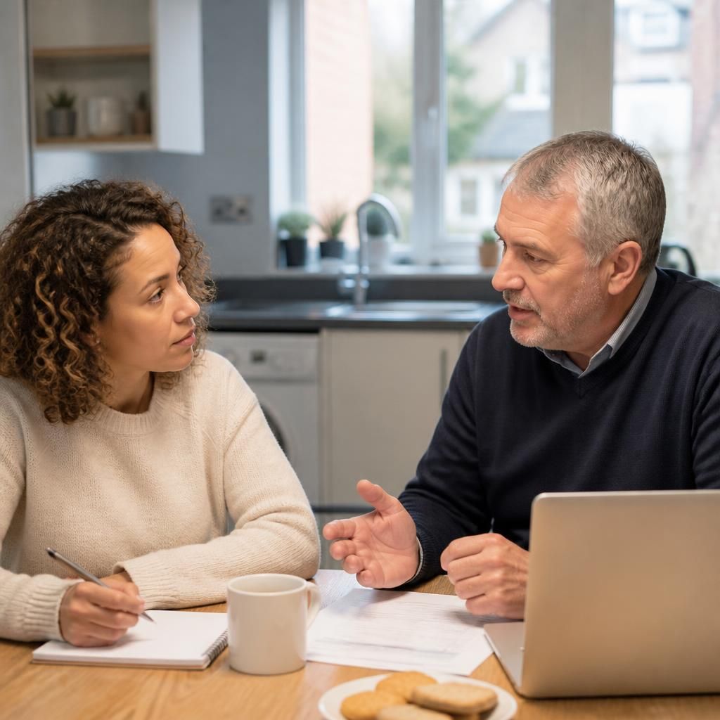 Tenant discussing fostering permission with a landlord at a kitchen table