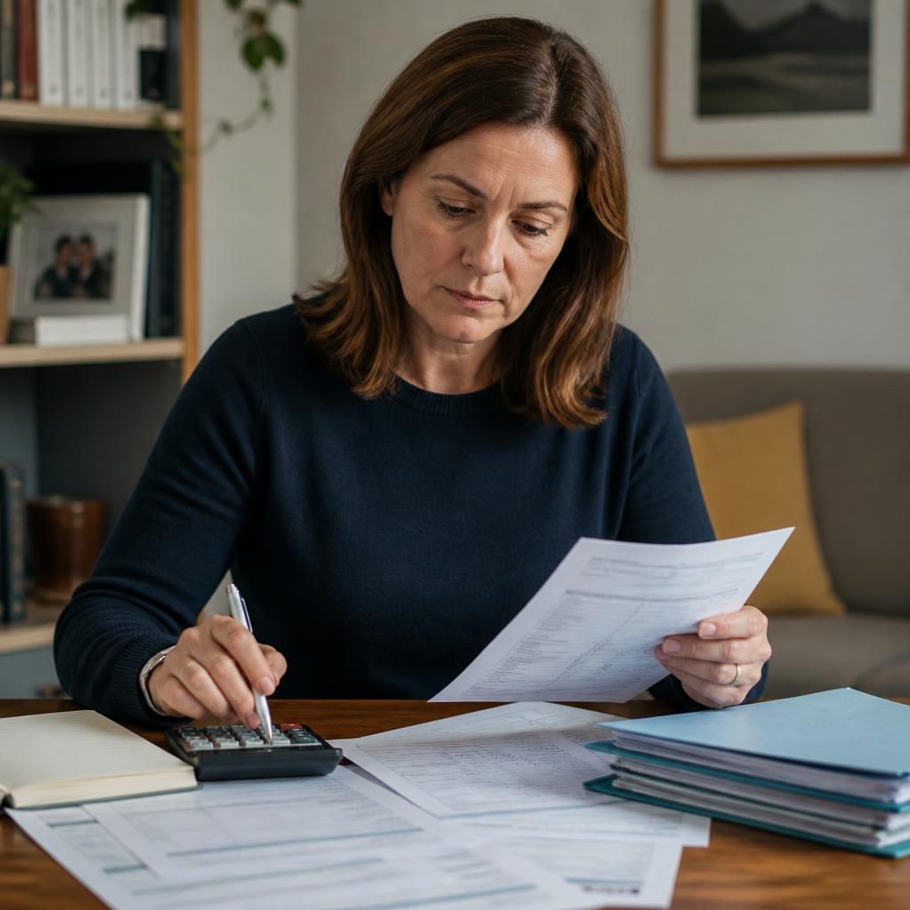 Foster carer reviewing tax documents and fostering payment records at home