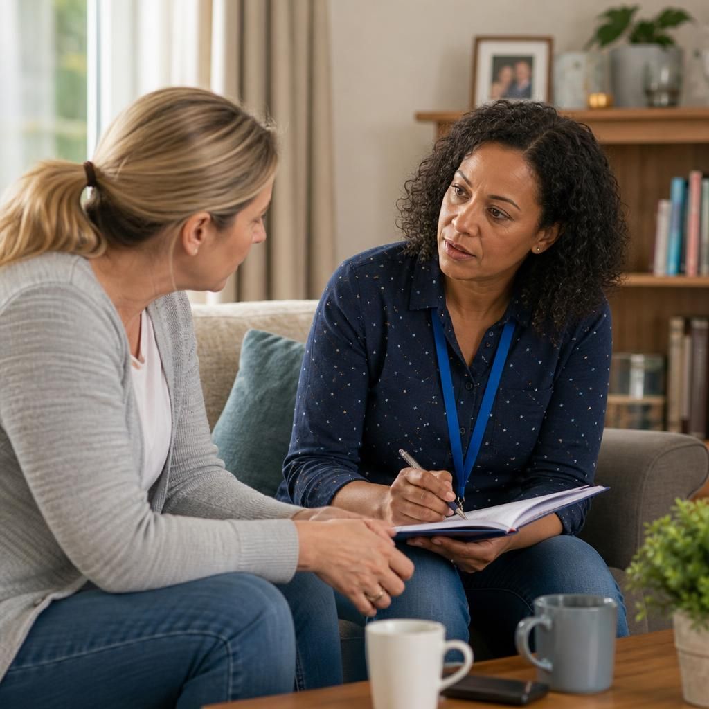 Foster carer discussing ongoing support after respite care