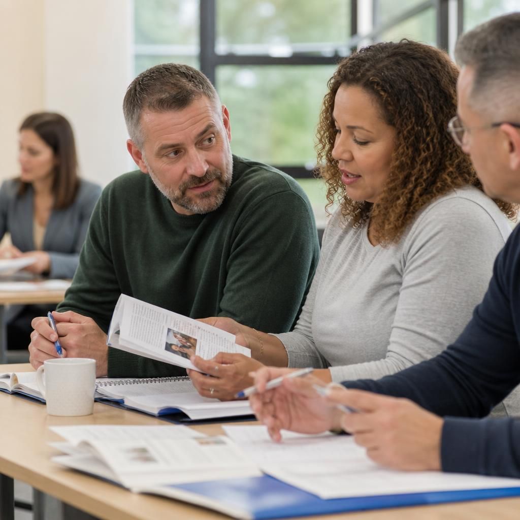Foster carers discussing course materials during a training session