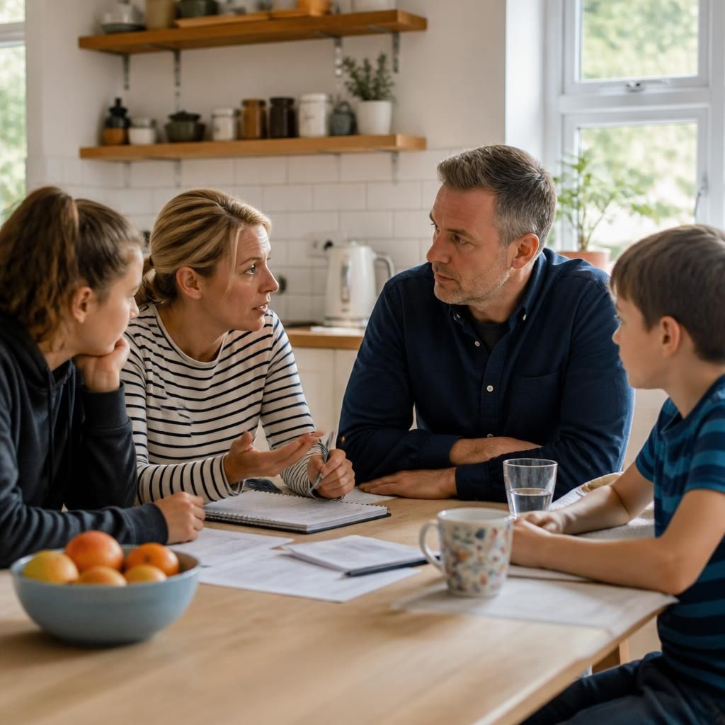 Family members discussing plans together around a kitchen table