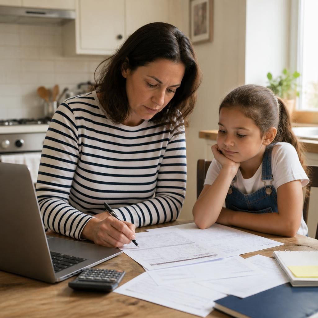 Kinship carer completing paperwork with a child nearby