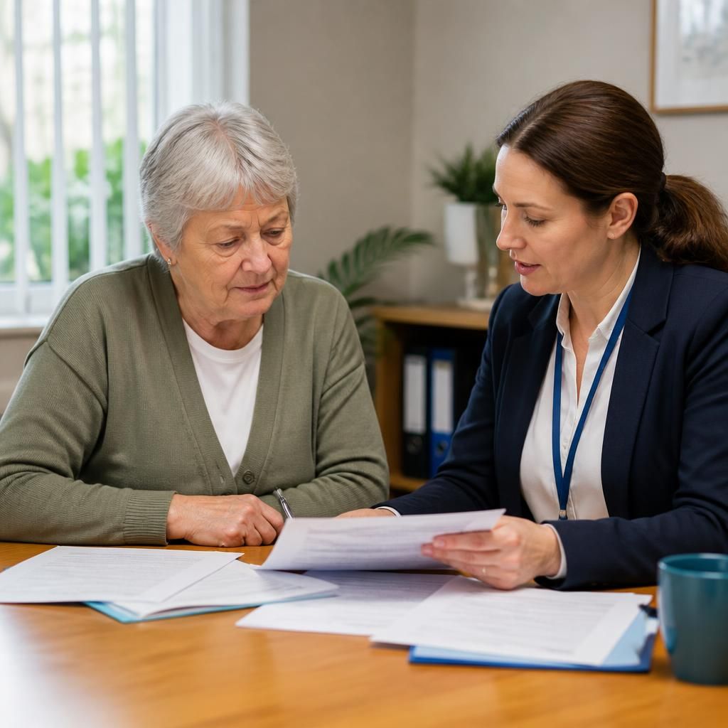 Grandparent reviewing kinship fostering paperwork with a social worker