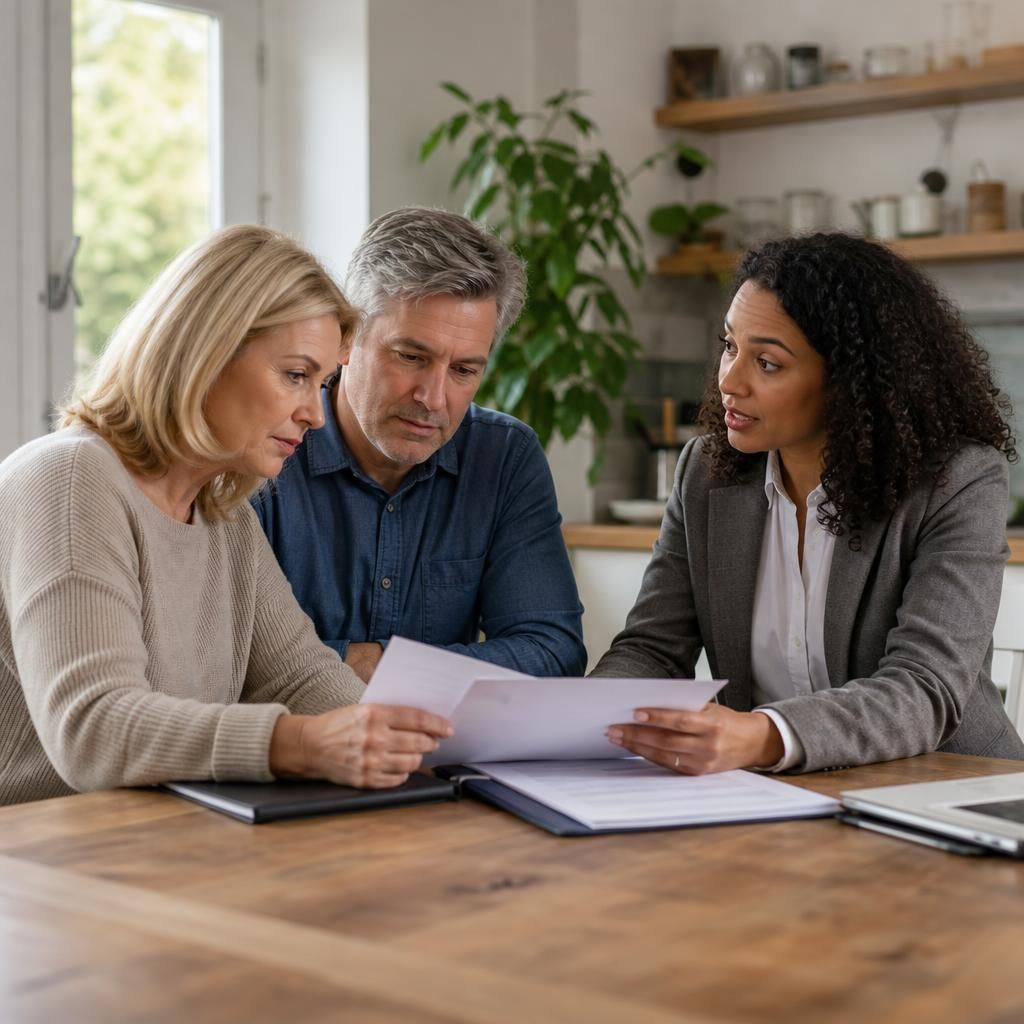 Foster carers and a social worker reviewing transfer documents at a table
