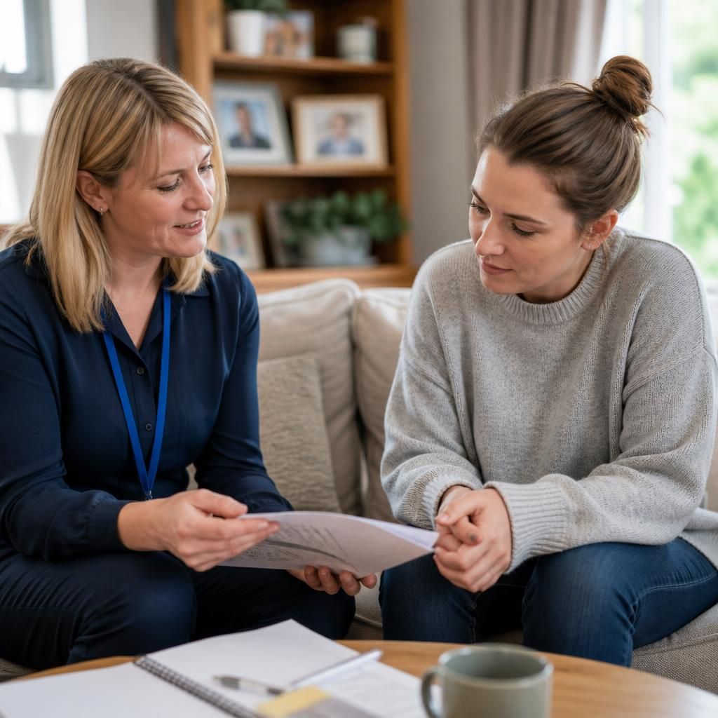 Single parent reviewing fostering training materials with a social worker