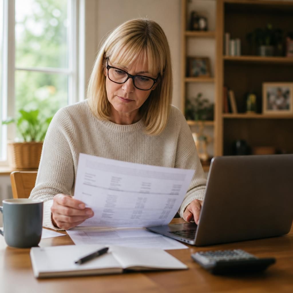 Foster carer reviewing a payment statement beside a bank account record