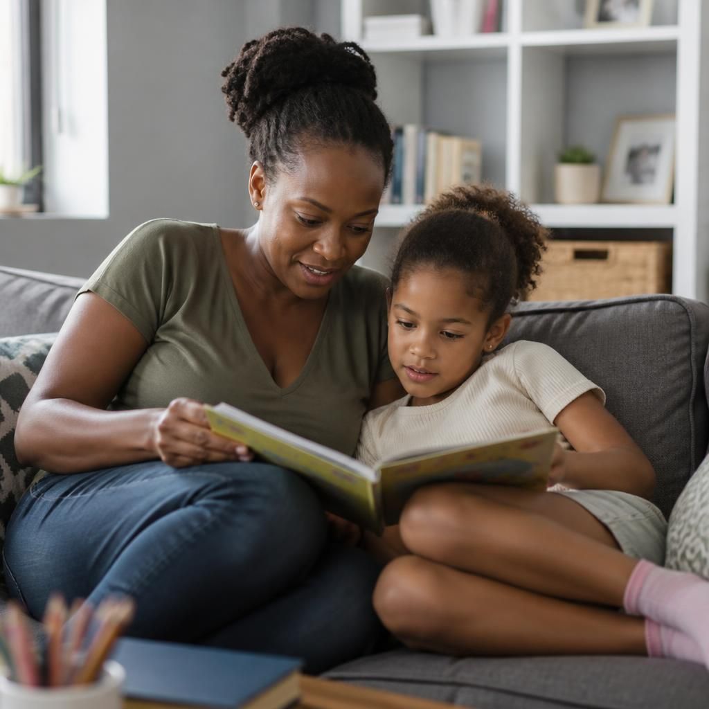 Single parent reading with a child at home