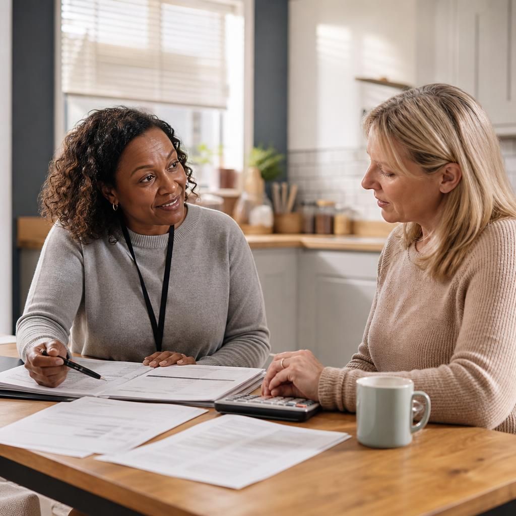 Foster carer reviewing household finances with a social worker