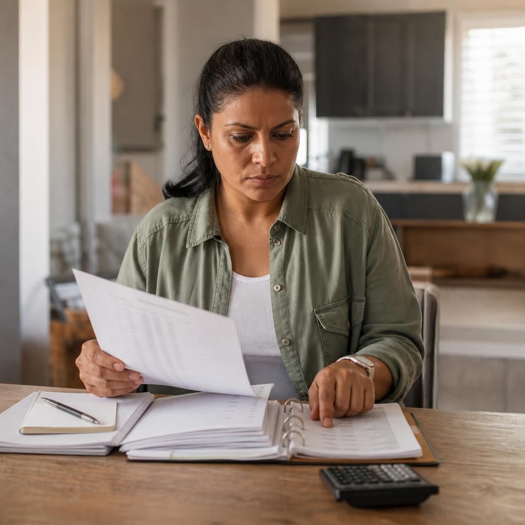 Foster carer reviewing an allowance statement and placement expense records at a table