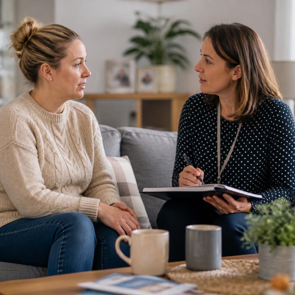 Single parent speaking with a supervising social worker at home