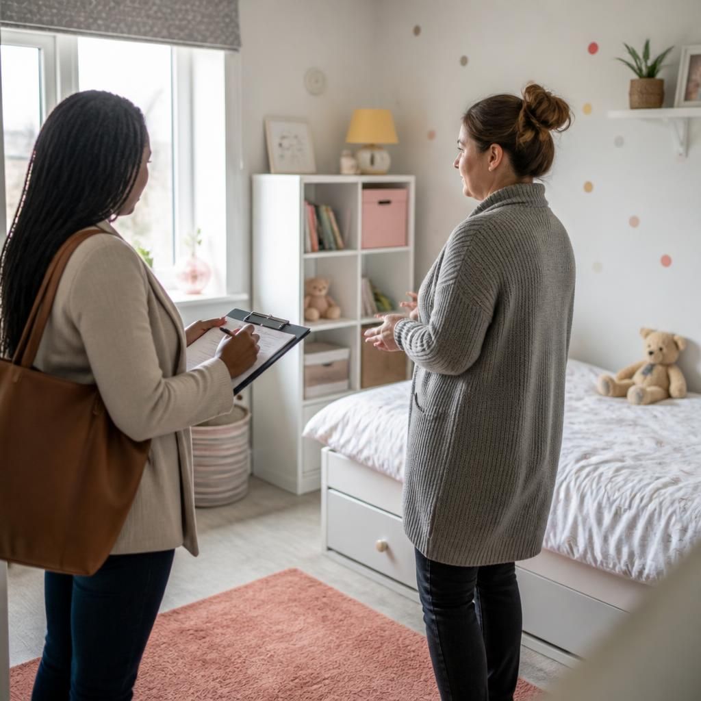 Foster carer and social worker reviewing a child's bedroom