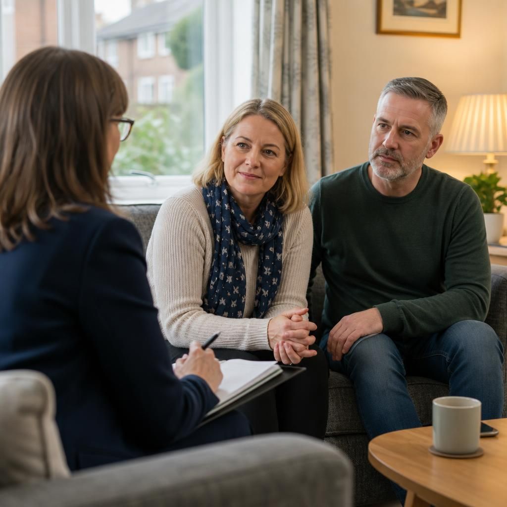 Assessing social worker speaking with prospective foster carers at home