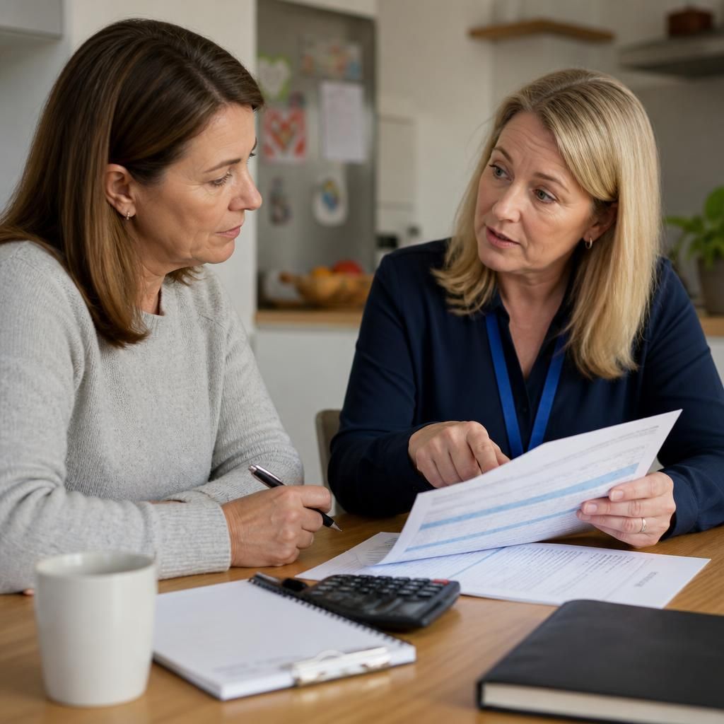 Foster carer reviewing a council fostering payment breakdown with an adviser