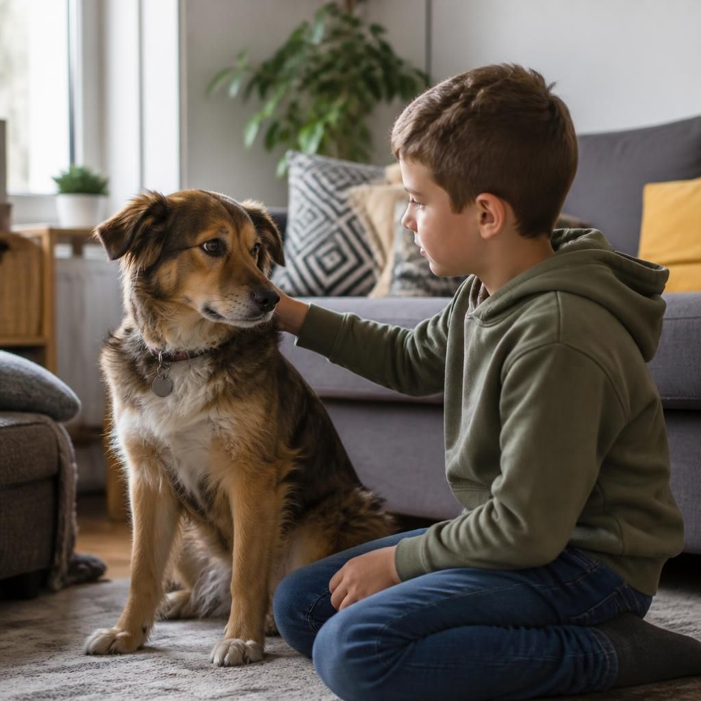 Calm family dog sitting beside a child in a supervised home setting
