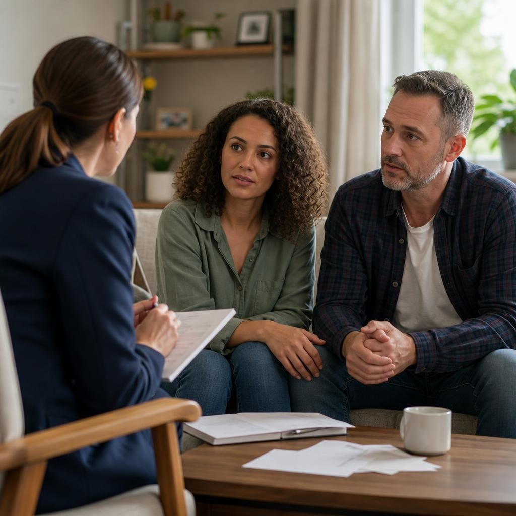 Family discussing fostering with a social worker at home