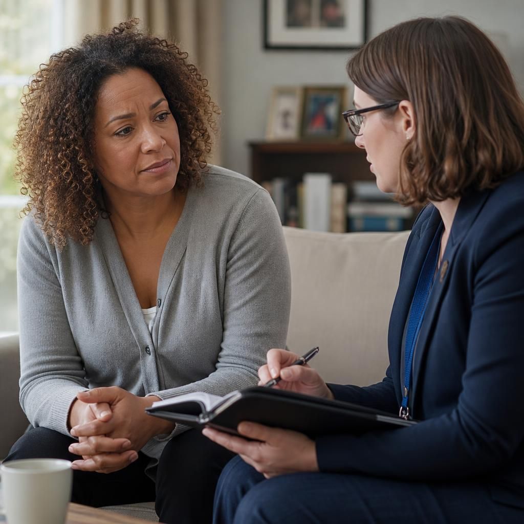 Foster carer and social worker discussing concerns about a child