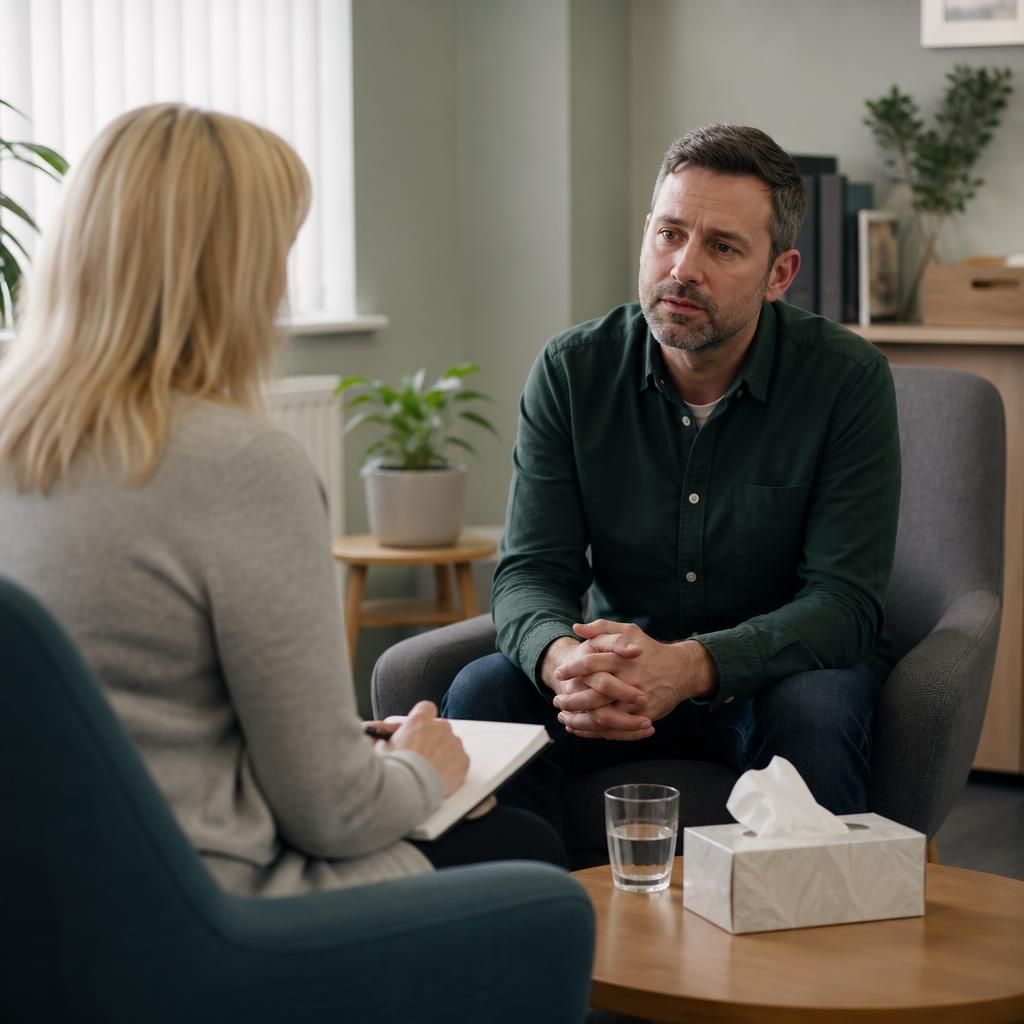 Foster carer speaking with a wellbeing professional in a private consultation