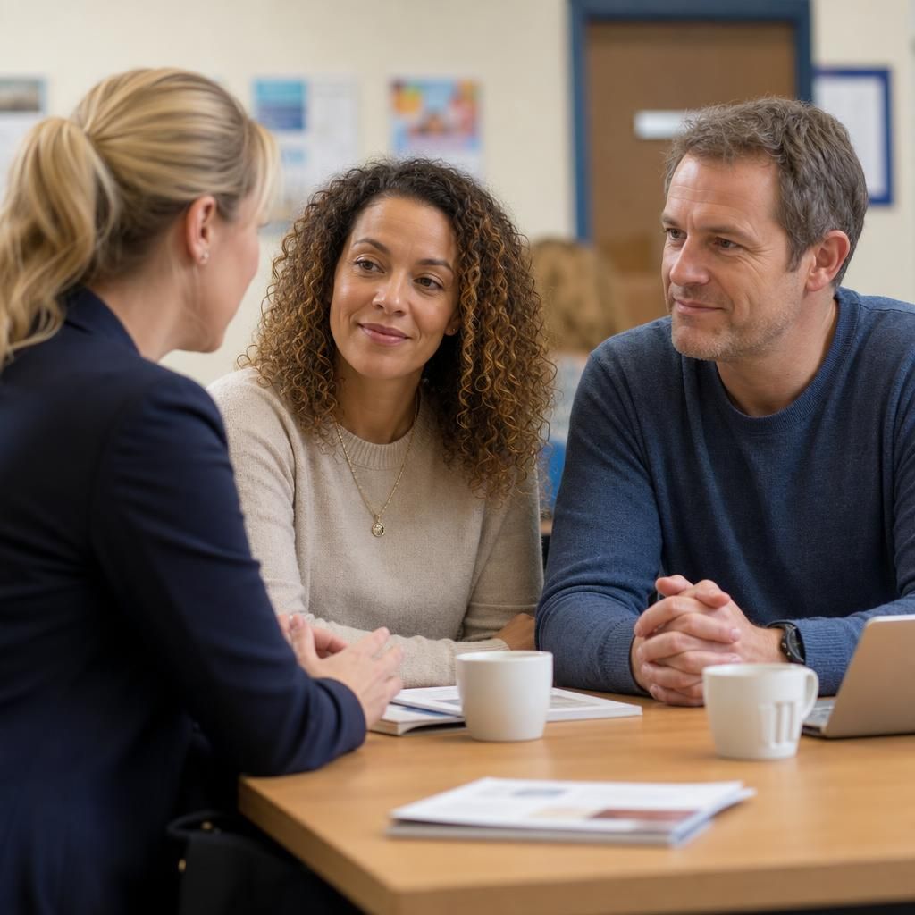 Prospective foster carers speaking with an adviser at an information event