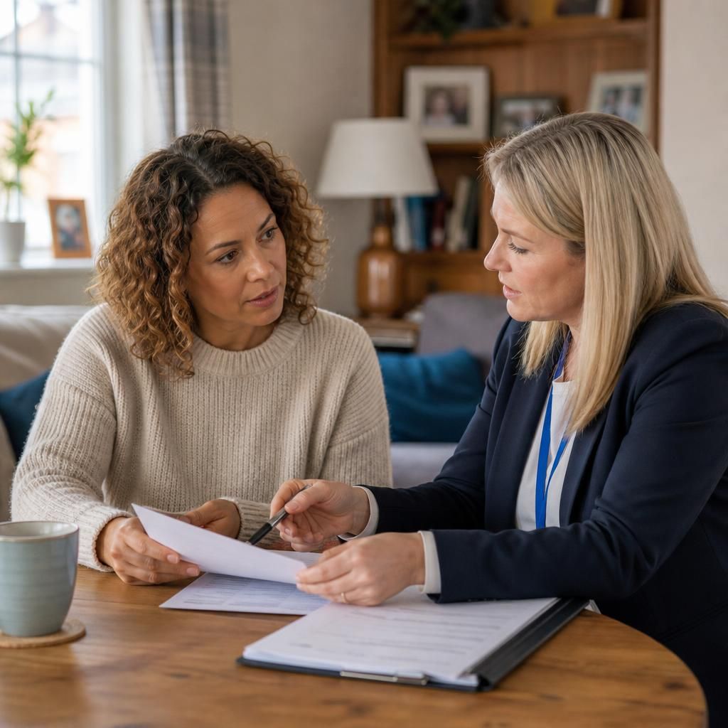 Foster carer discussing placement paperwork with a social worker