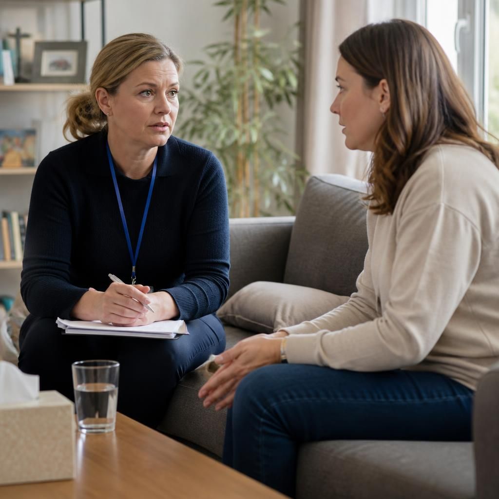 Foster carer speaking with a supervising social worker during a support meeting