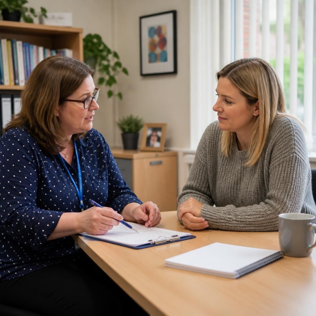 Social worker discussing a child's placement needs with a prospective foster carer