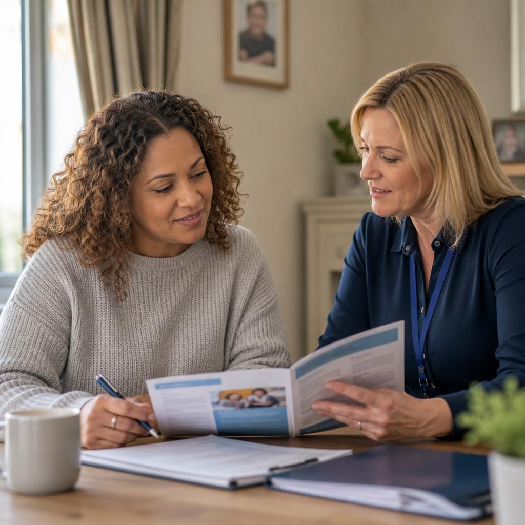 Foster carer reviewing training materials with a fostering adviser