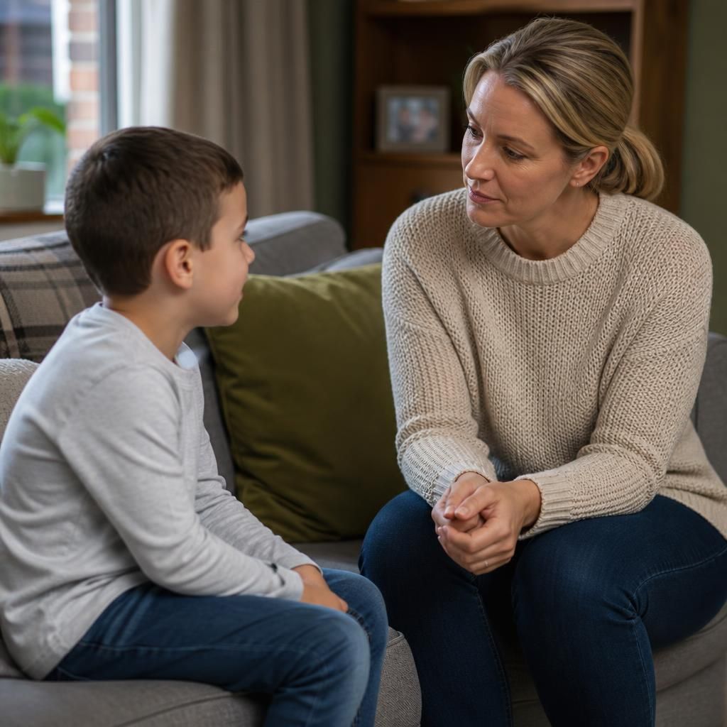 Foster carer listening to a child during a quiet conversation at home