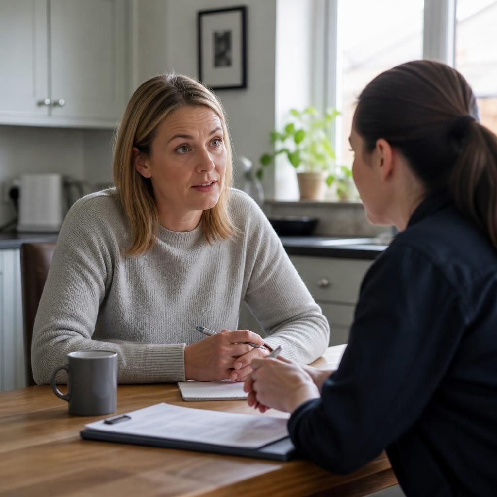 Foster carer speaking with a social worker at a kitchen table