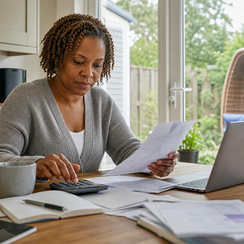 Foster carer reviewing allowance documents and comparing figures with a calculator