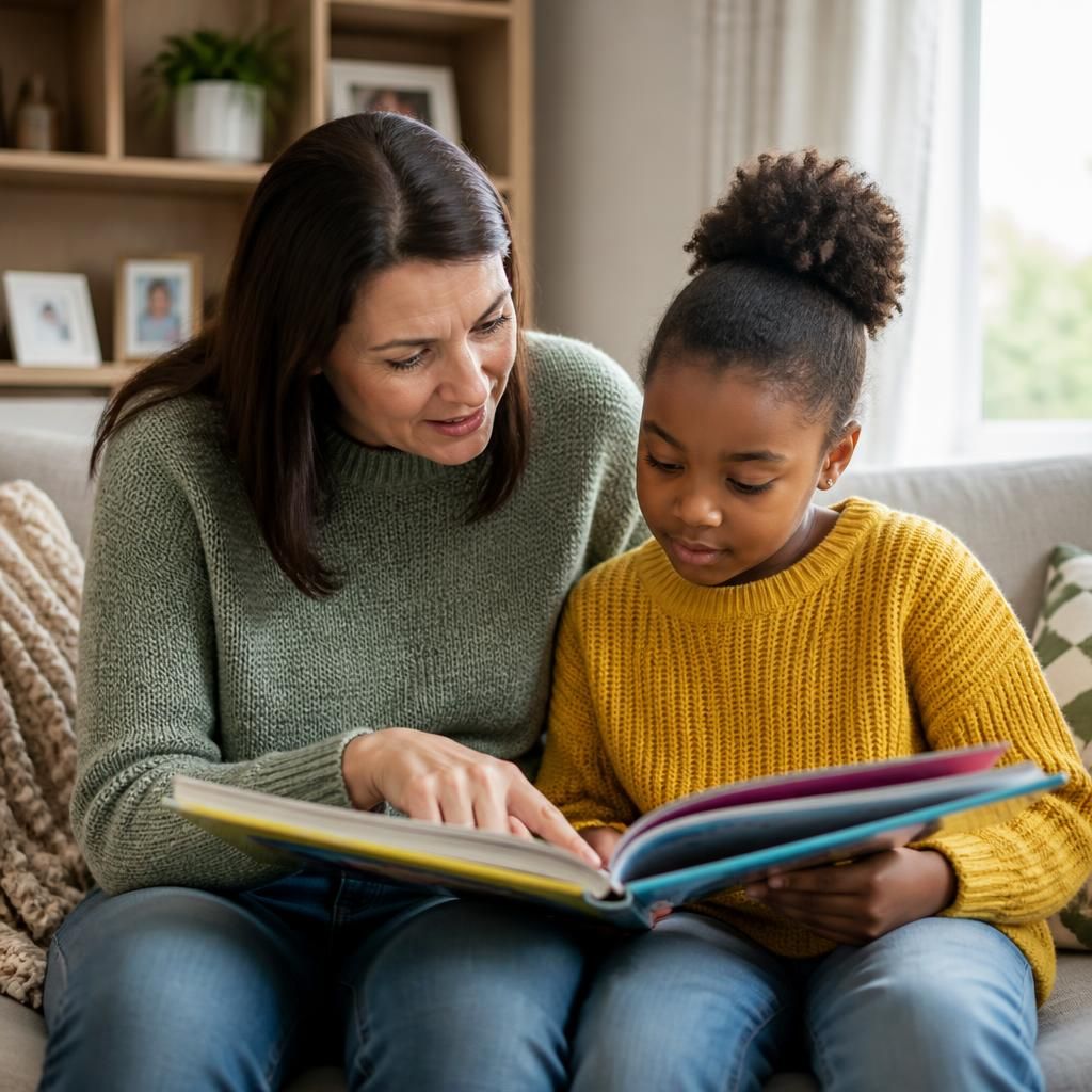 Foster carer and child looking at books together