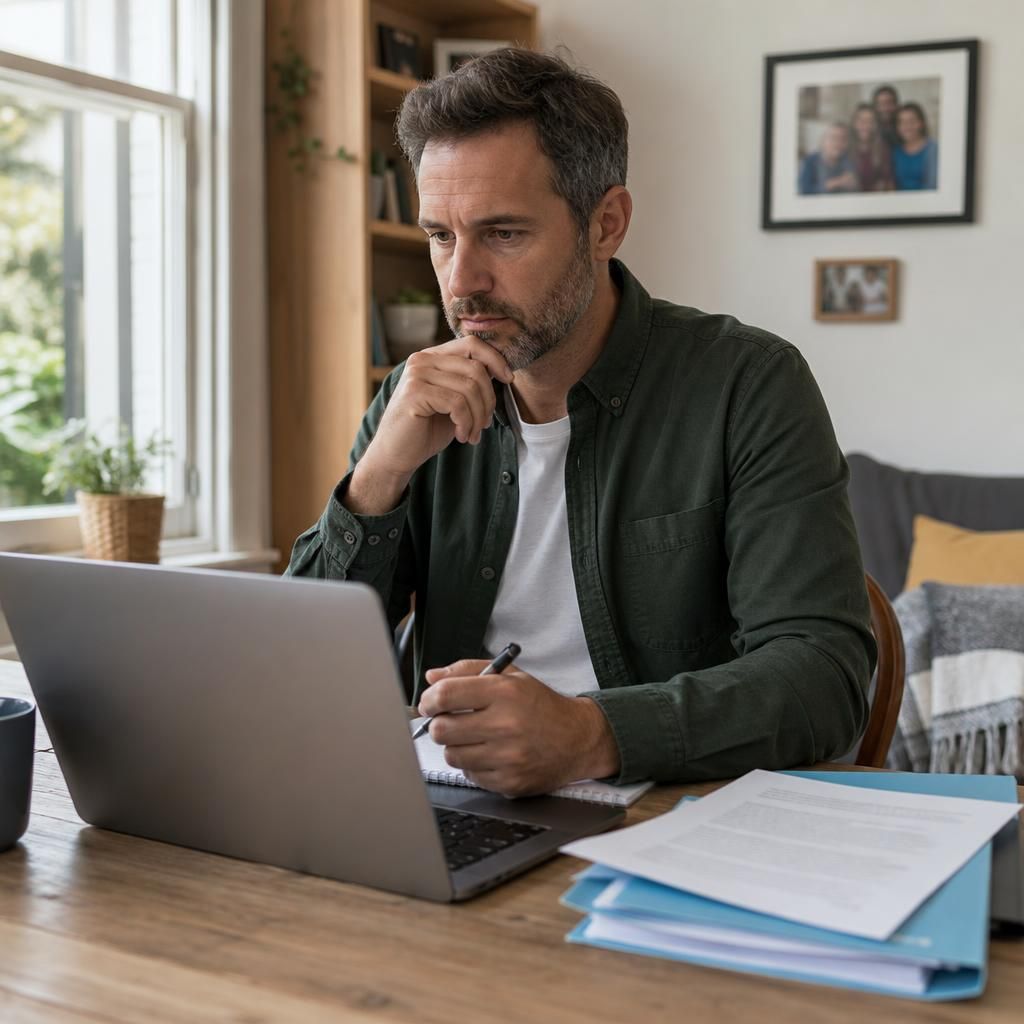 Foster carer reviewing a privacy notice on a laptop with documents beside it