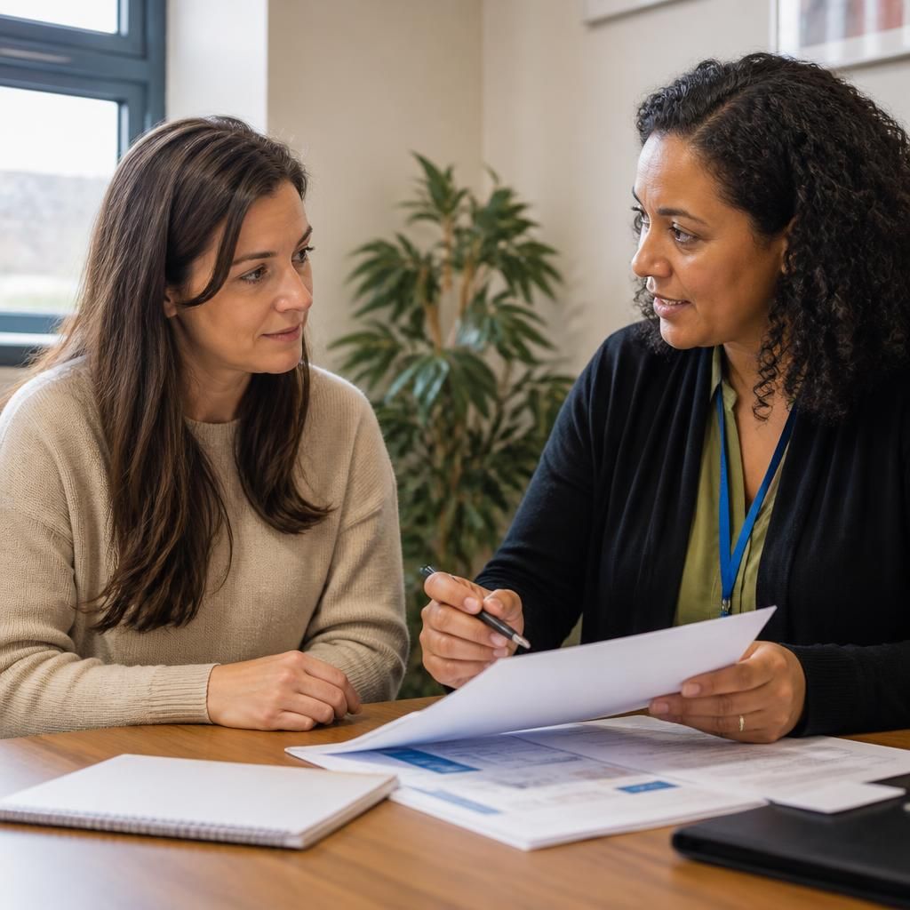 Applicant discussing fostering paperwork with a social worker at a table
