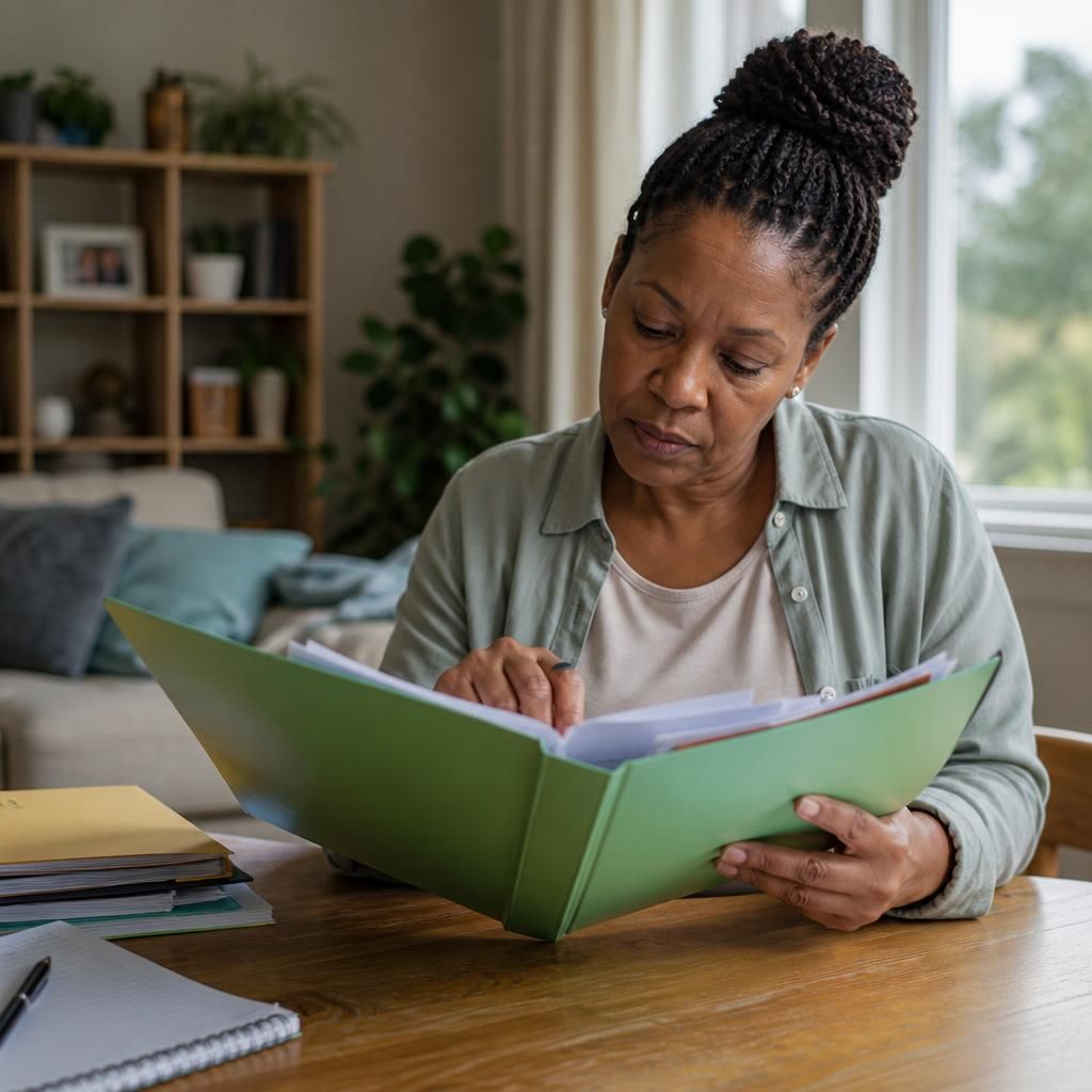 Kinship carer organising a child's care documents in a folder
