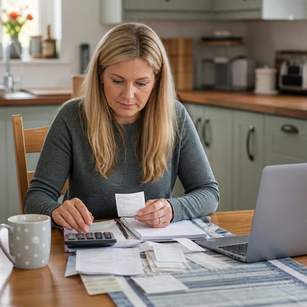 Foster carer reviewing household expenses and placement-related receipts