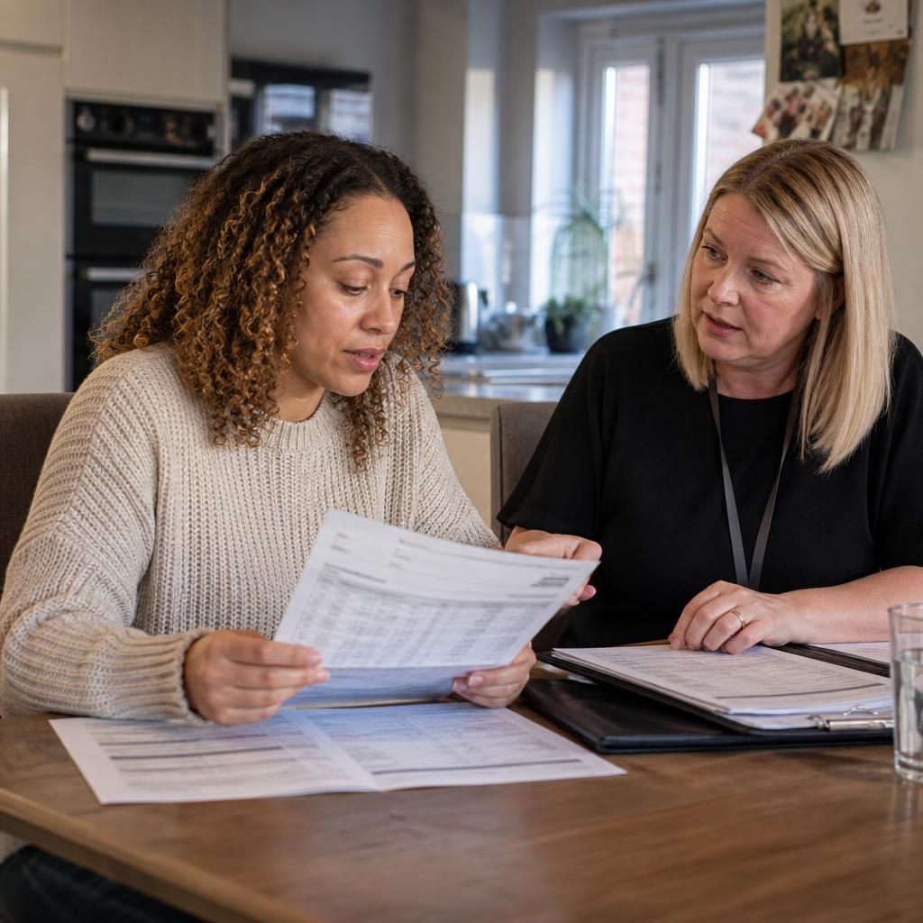 Fostering applicant reviewing household documents with an assessing social worker