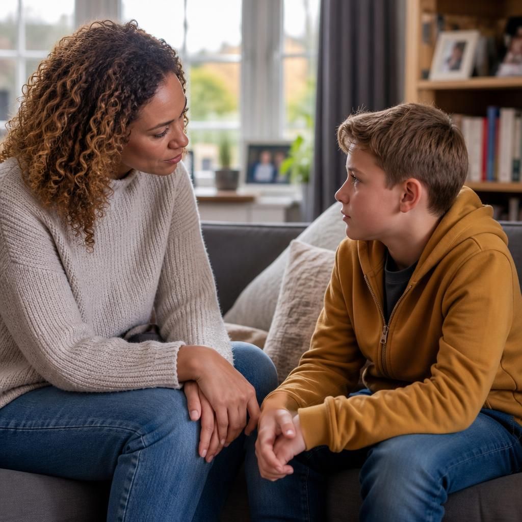 Foster parent talking with a child at home